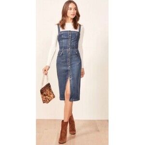 Reformation Camille Size 0 Blue Distressed Denim Button Front Midi Dress